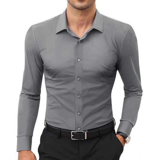 Men's slim-fit solid-color gray long-sleeve dress shirt, front view on model with black trousers
