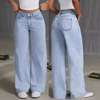 Women's high-waist straight-leg jeans in light-wash denim, front and back views.
