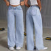 Women's high-waist straight-leg jeans in light-wash denim, front and back views.