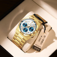 Mens Waterproof Multifunctional Luminous Ultra-thin Watch, gold-tone stainless steel with blue subdials by Ancient Energy.