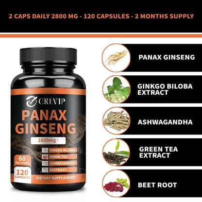 Panax Ginseng Supplement - Improve Memory and Concentration, Enhance Energy Endurance - 120 Capsules - MANDOTOS