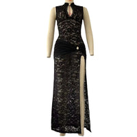 Women Sexy Lace Long Dress Hollow Out Sleeveless High Slit Evening Party Club Dress Vintage Casual Bodycon See Through Vestidos