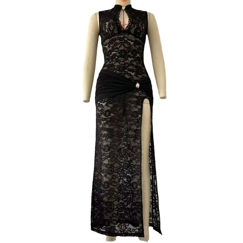 Women Sexy Lace Long Dress Hollow Out Sleeveless High Slit Evening Party Club Dress Vintage Casual Bodycon See Through Vestidos