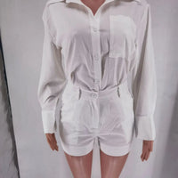 Women Long Sleeve 2 Pieces Sets Casual Simple Button Pockets Short Pant with Shirts Tops 2024 Summer Fashion Suit Female Outfits
