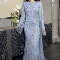 Abira Sequin Modest Neckline Long Sleeve Embellished Dress With Side Skirt