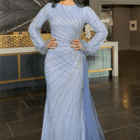 Abira Sequin Modest Neckline Long Sleeve Embellished Dress With Side Skirt
