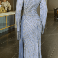 Abira Sequin Modest Neckline Long Sleeve Embellished Dress With Side Skirt