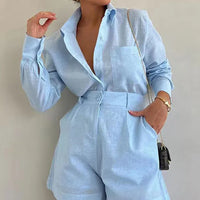 Women Long Sleeve 2 Pieces Sets Casual Simple Button Pockets Short Pant with Shirts Tops 2024 Summer Fashion Suit Female Outfits