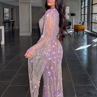 Basima Long Sleeve Floral Sequin Embellished Modest Evening Dress