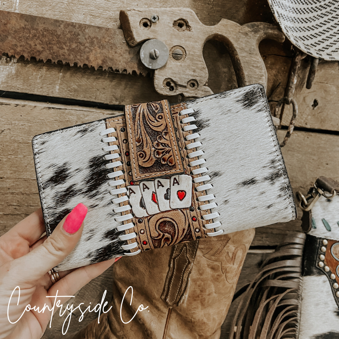 The Gambler Cowhide Wallet: Hand Painted, Unique, 11 Card Slots, 2 Compartments, 7.5x4.5in. - Wallet