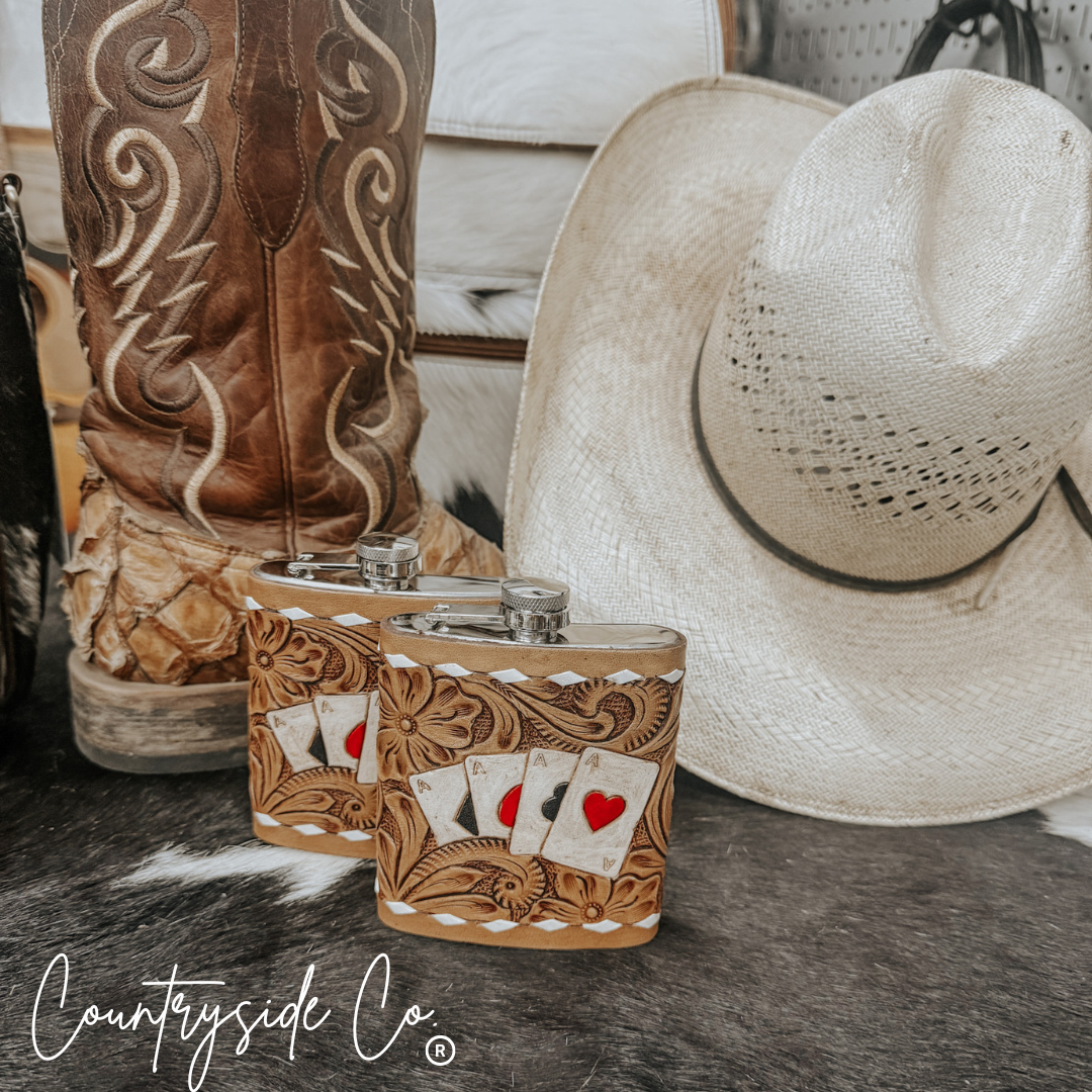 Gambler Tooled Leather Flask: Handcrafted Stainless Steel 7 oz Capacity Artisan Beverage Holder -