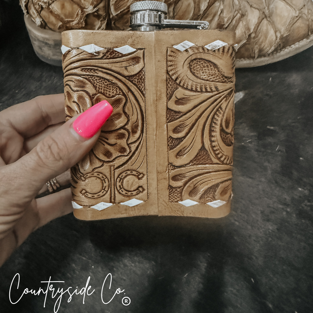 Gambler Tooled Leather Flask: Handcrafted Stainless Steel 7 oz Capacity Artisan Beverage Holder -