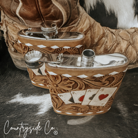 Gambler Tooled Leather Flask: Handcrafted Stainless Steel 7 oz Capacity Artisan Beverage Holder -