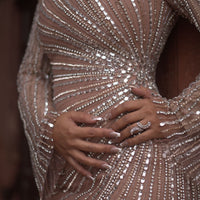 Abira Sequin Modest Neckline Long Sleeve Embellished Dress With Side Skirt