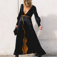 Adrienne Black Silk Dress: Luxury Long Gown with Orange Details, V-Neck, and Elegant Long Sleeves - Dresses