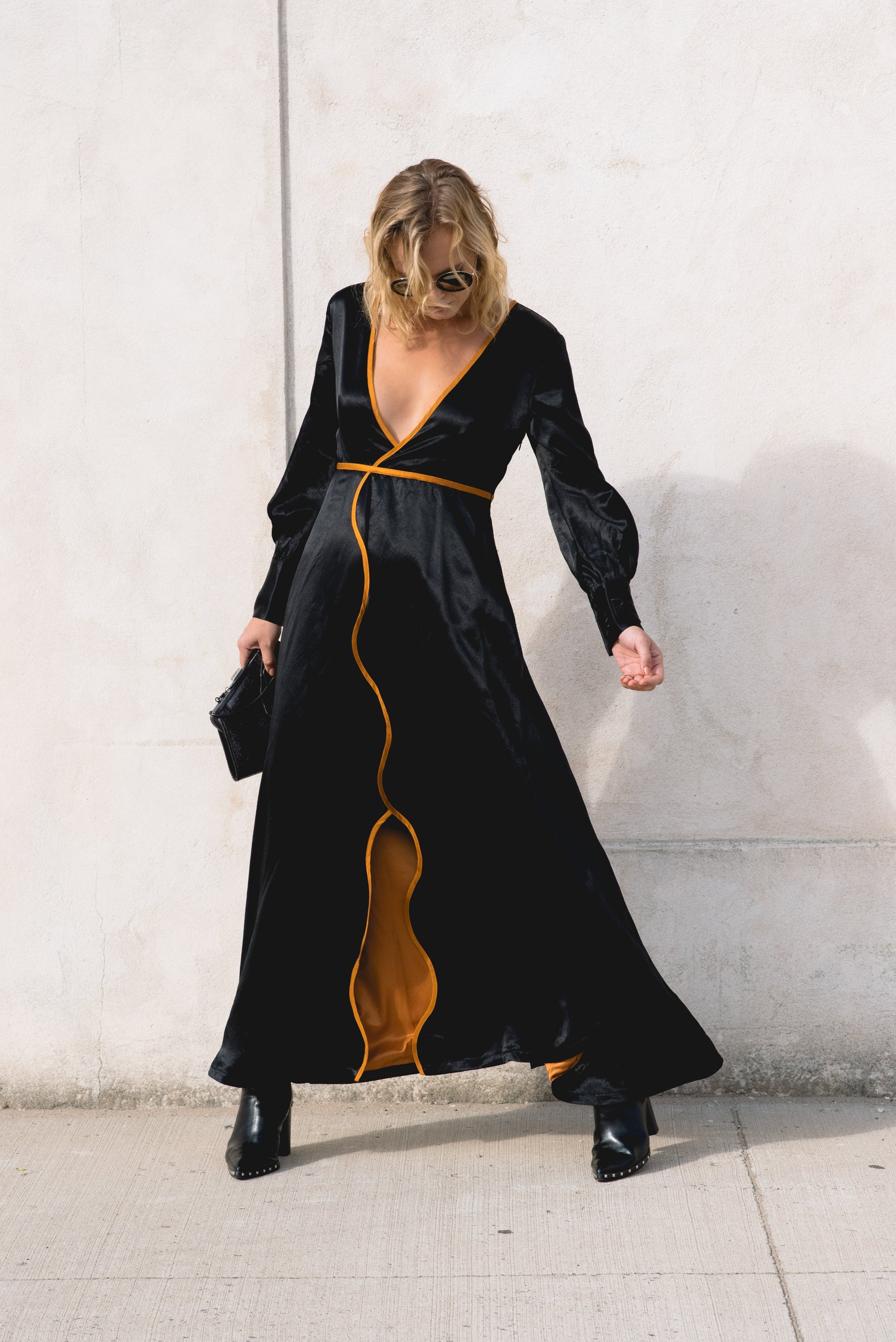 Adrienne Black Silk Dress: Luxury Long Gown with Orange Details, V-Neck, and Elegant Long Sleeves - Dresses