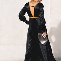 Adrienne Black Silk Dress: Luxury Long Gown with Orange Details, V-Neck, and Elegant Long Sleeves - Dresses