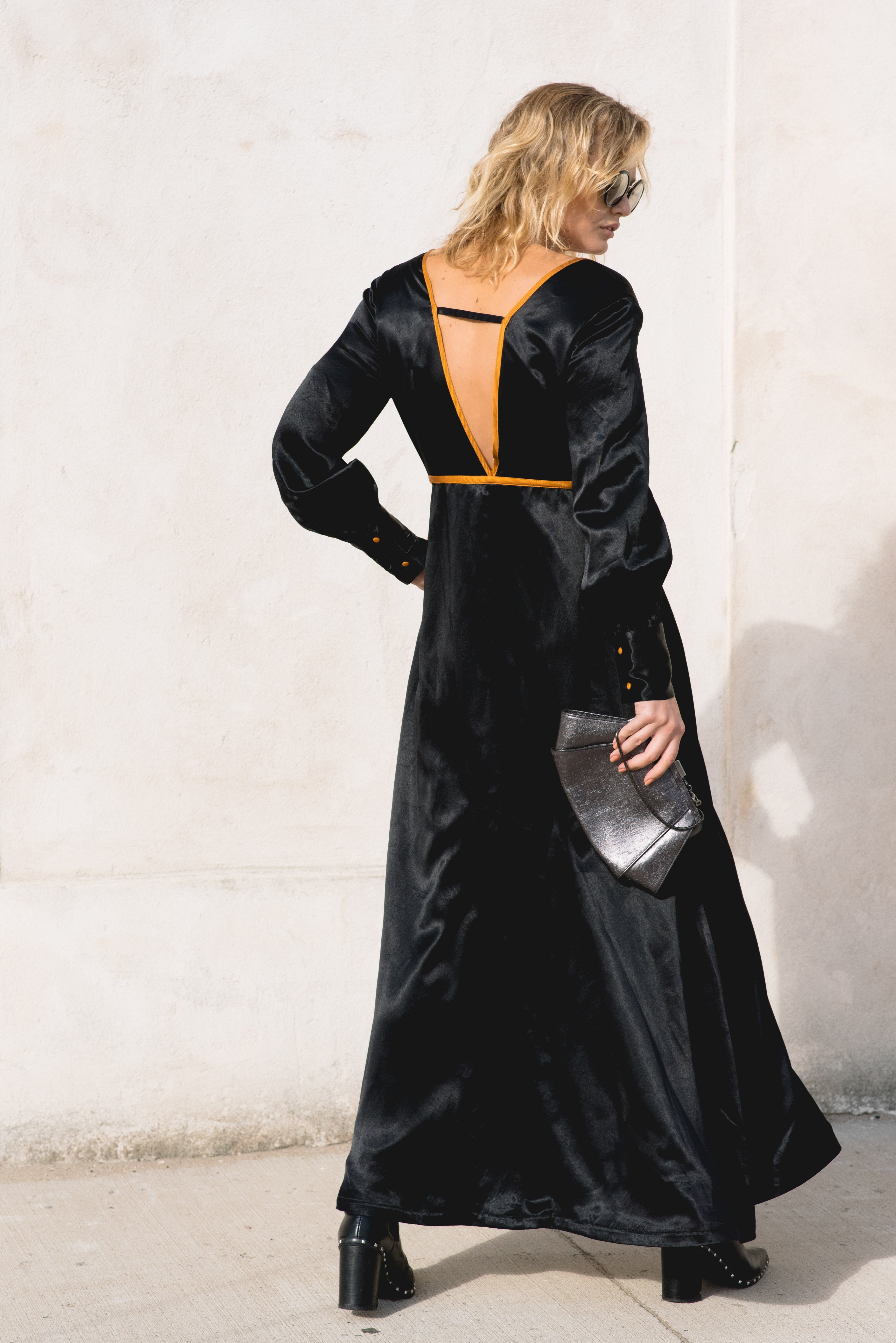 Adrienne Black Silk Dress: Luxury Long Gown with Orange Details, V-Neck, and Elegant Long Sleeves - Dresses