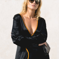 Adrienne Black Silk Dress: Luxury Long Gown with Orange Details, V-Neck, and Elegant Long Sleeves - Dresses