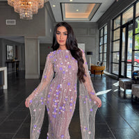 Basima Long Sleeve Floral Sequin Embellished Modest Evening Dress