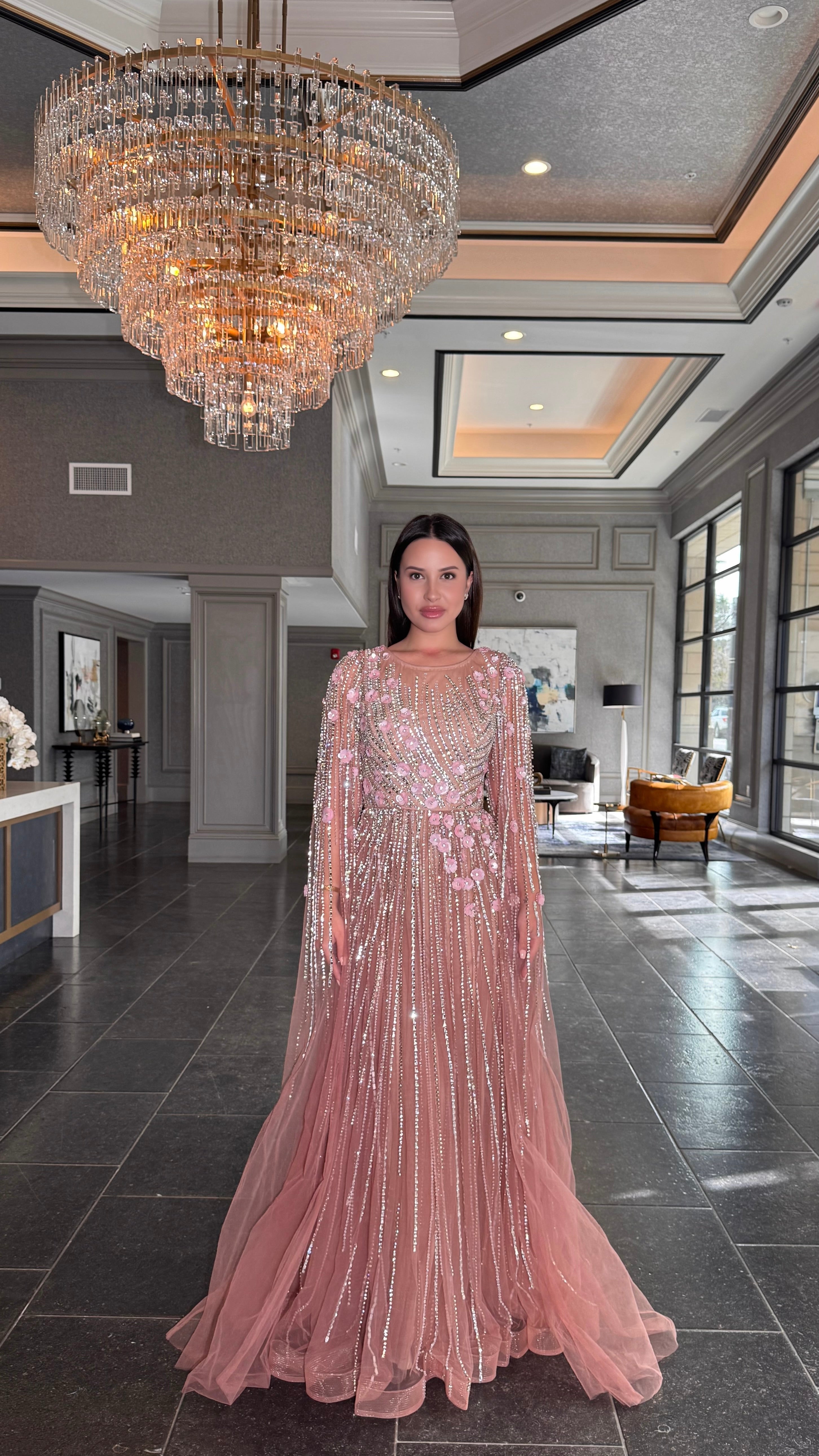 Inaya Long Drape Sleeves Beaded A-line Gown