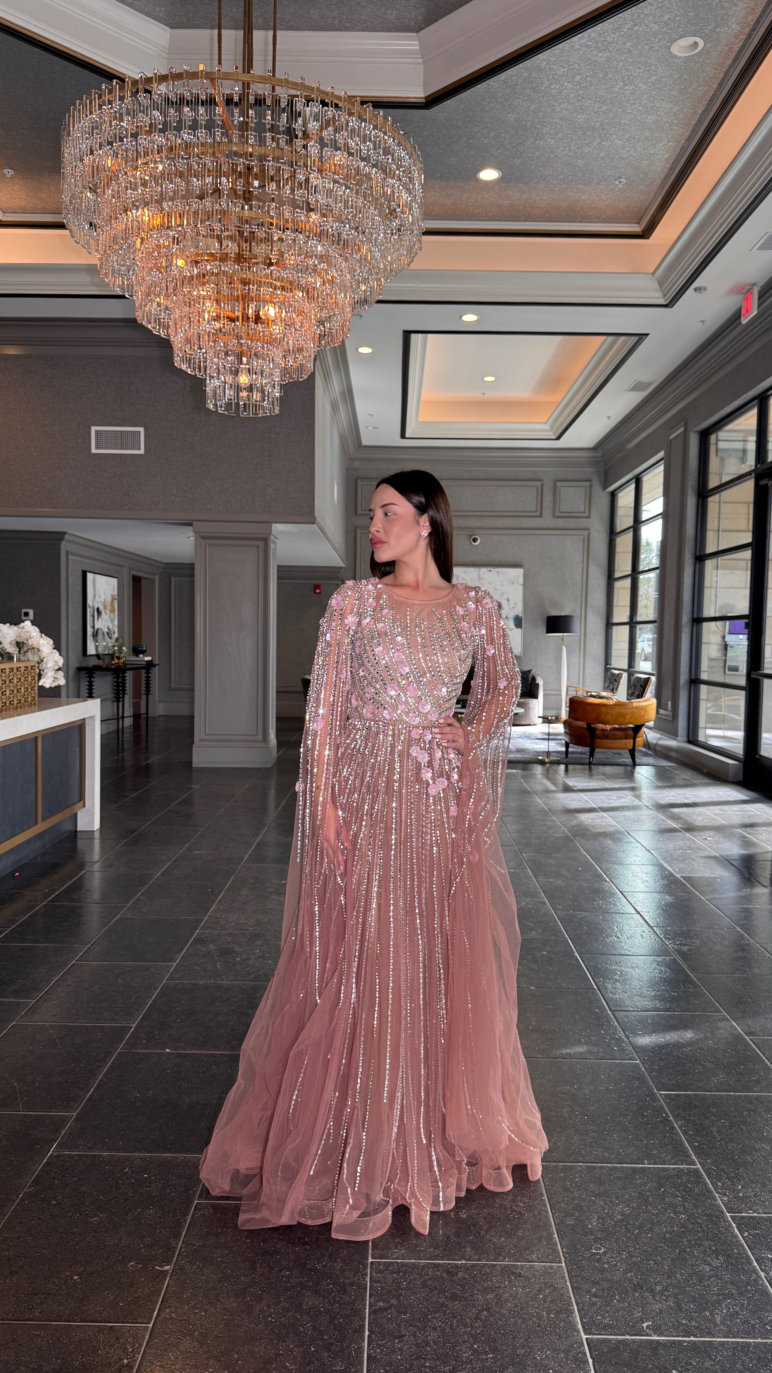 Inaya Long Drape Sleeves Beaded A-line Gown