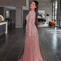 Inaya Long Drape Sleeves Beaded A-line Gown