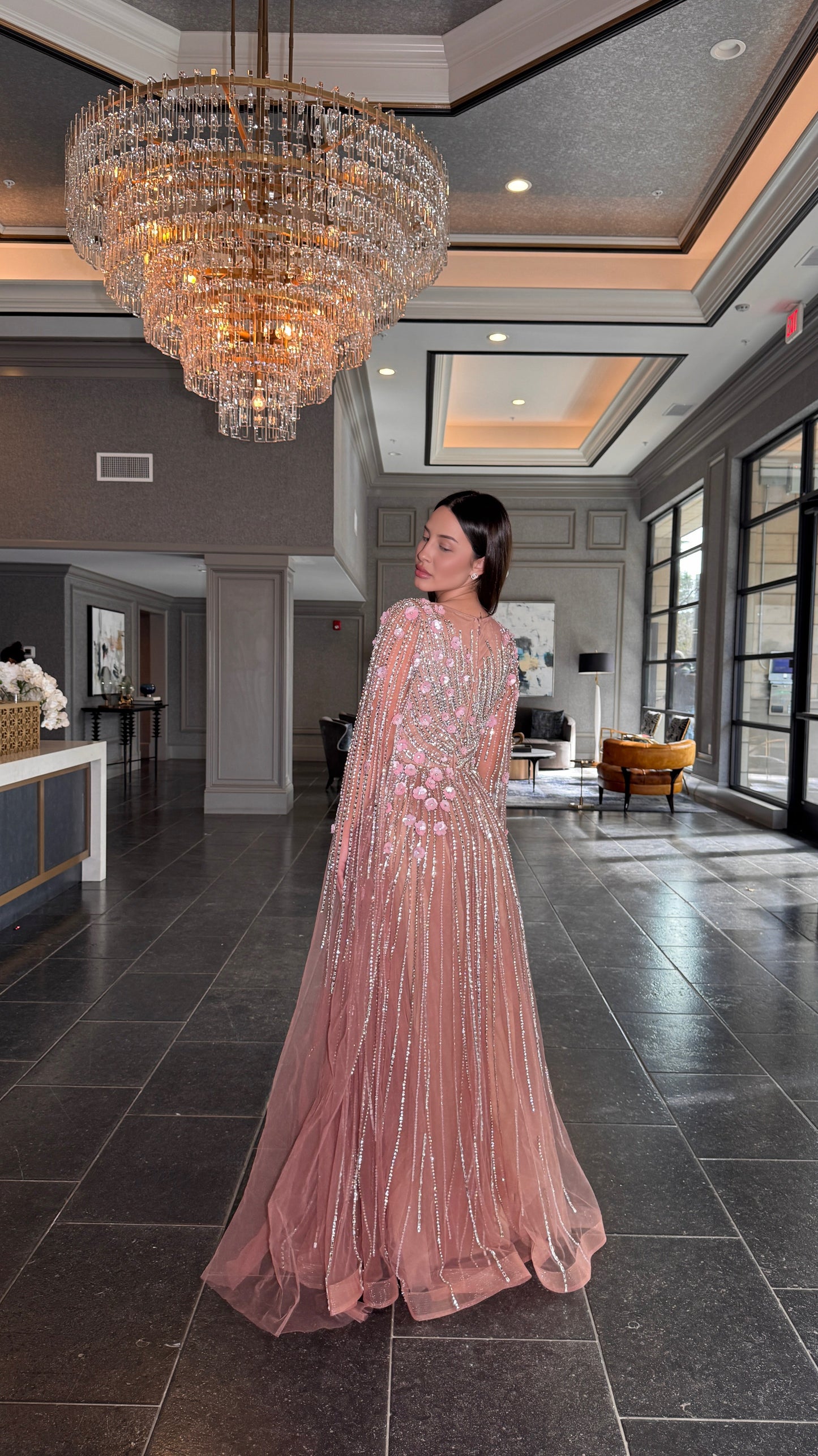 Inaya Long Drape Sleeves Beaded A-line Gown