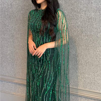 Faramah Drape Sleeves Embellished Fitted Sequin Modest Evening Dress