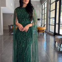 Faramah Drape Sleeves Embellished Fitted Sequin Modest Evening Dress