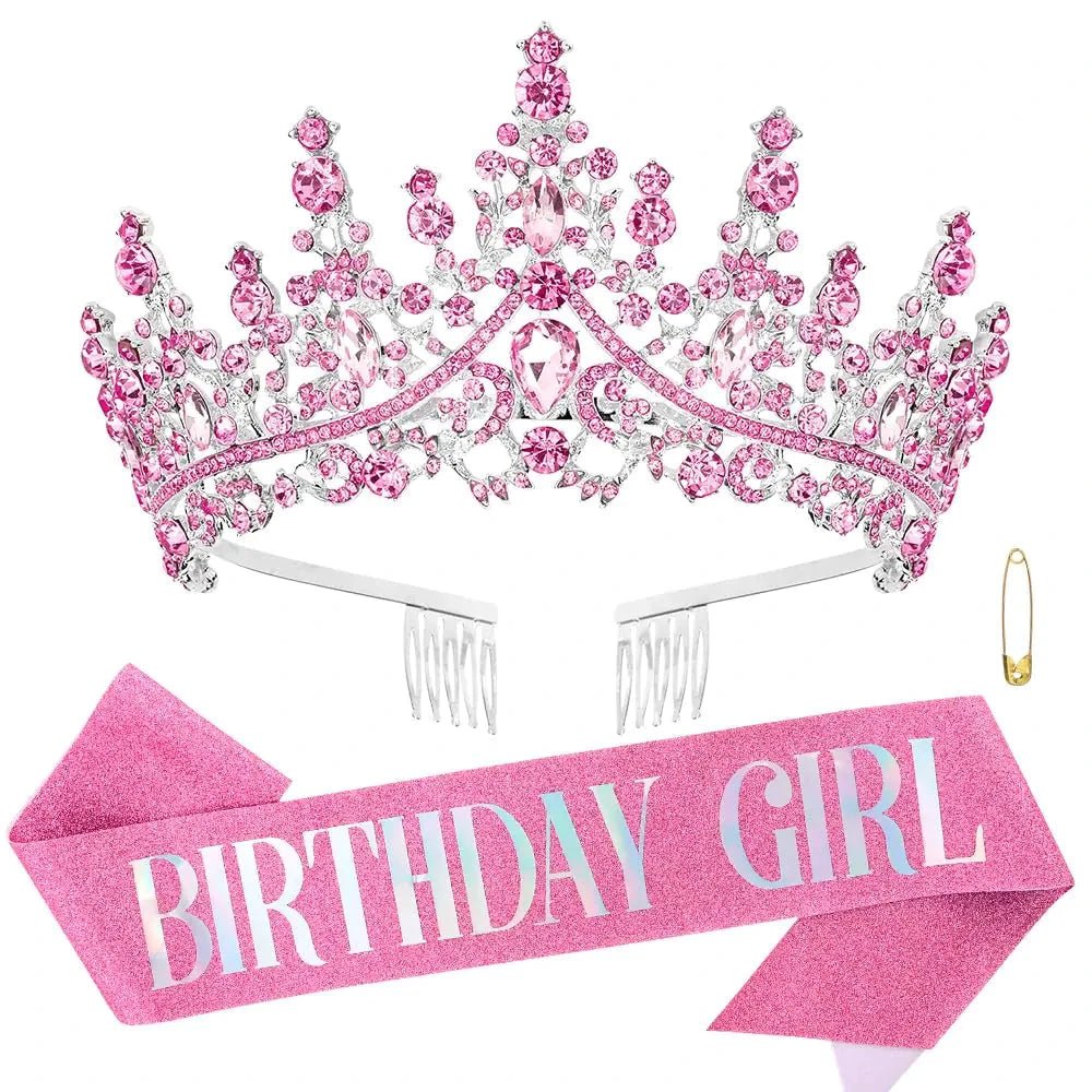 Princess Pink Rhinestone Birthday Tiara and Crown Set - MANDOTOS INTERNATIONAL