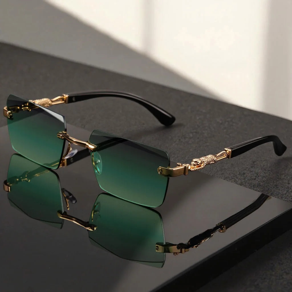 Unisex Luxury Frameless Black Golden Sunglasses with Leopard Print - UV400 Protection, Thin Rectangular Lenses, Elegant Design