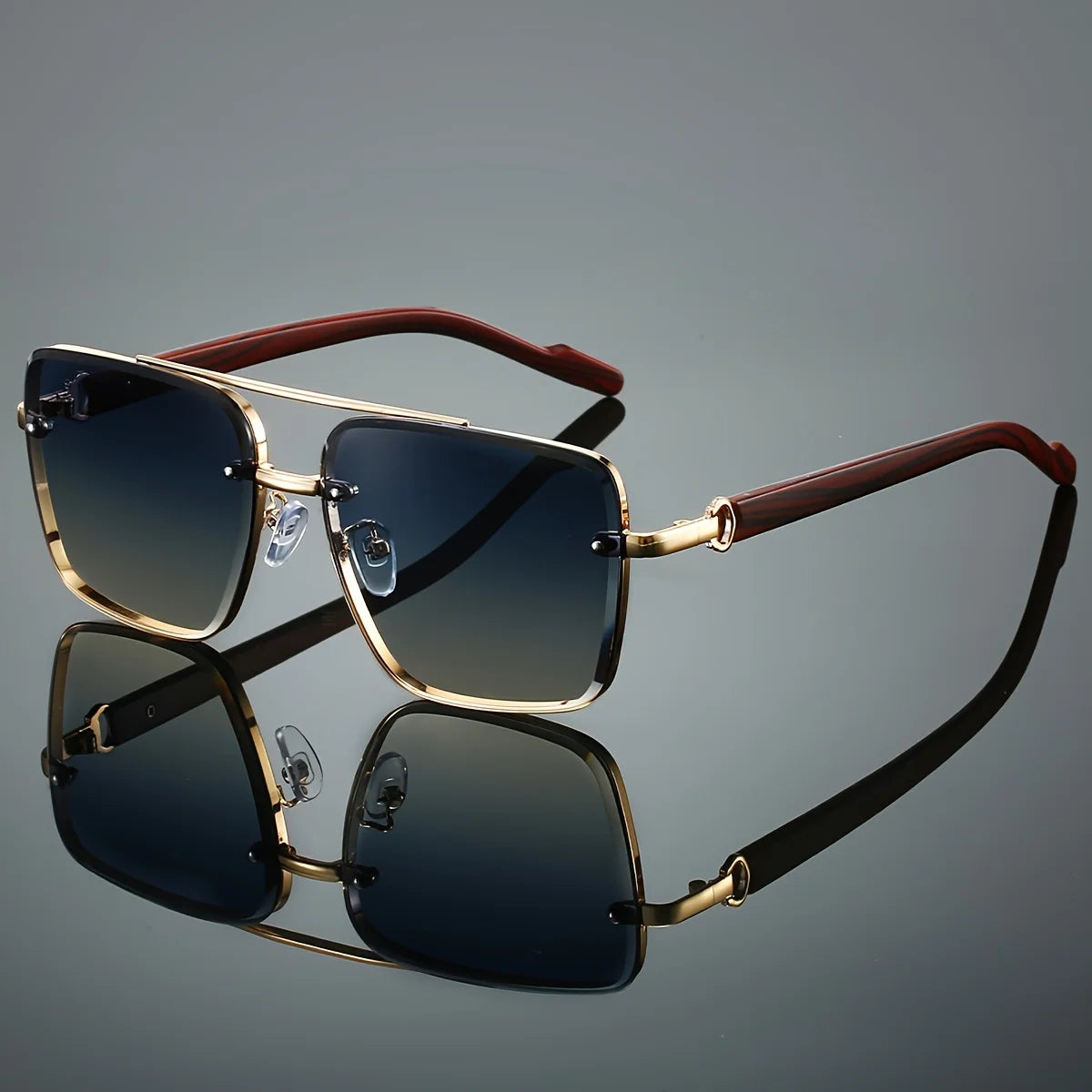 UV400 Unisex Square Men'S Sunglasses With Case -Unique Double Bridge Retro Wood Grain Luxury Style for Daily Wear Driving Travel