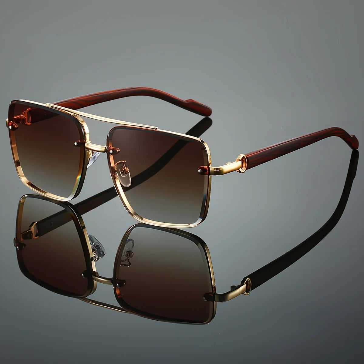 UV400 Unisex Square Men'S Sunglasses With Case -Unique Double Bridge Retro Wood Grain Luxury Style for Daily Wear Driving Travel