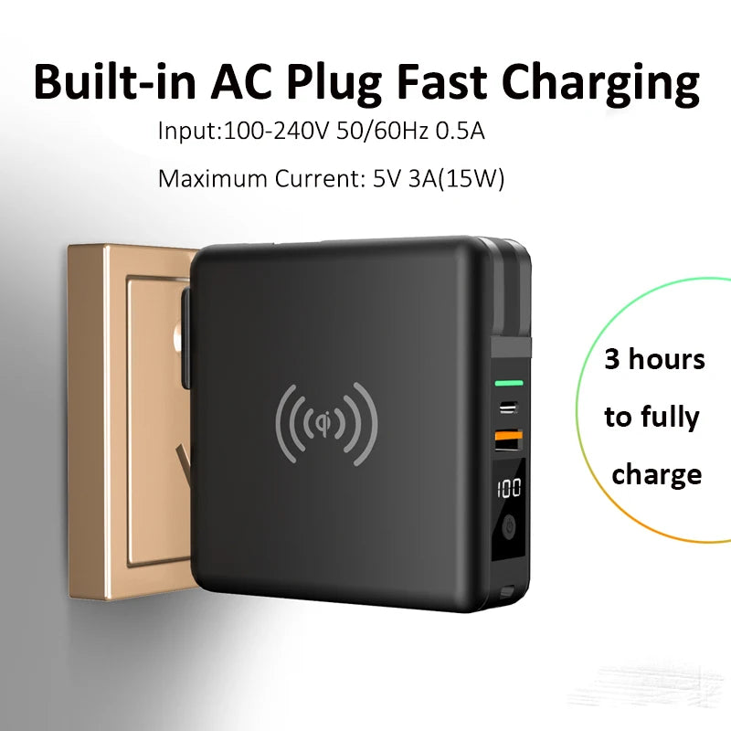 New KP-Super6 Travel  Wireless Charger Power Bank PD 10000mah CE ROHS FCC USB C AC Plug 8000mah Portable Charger Built-in Cable