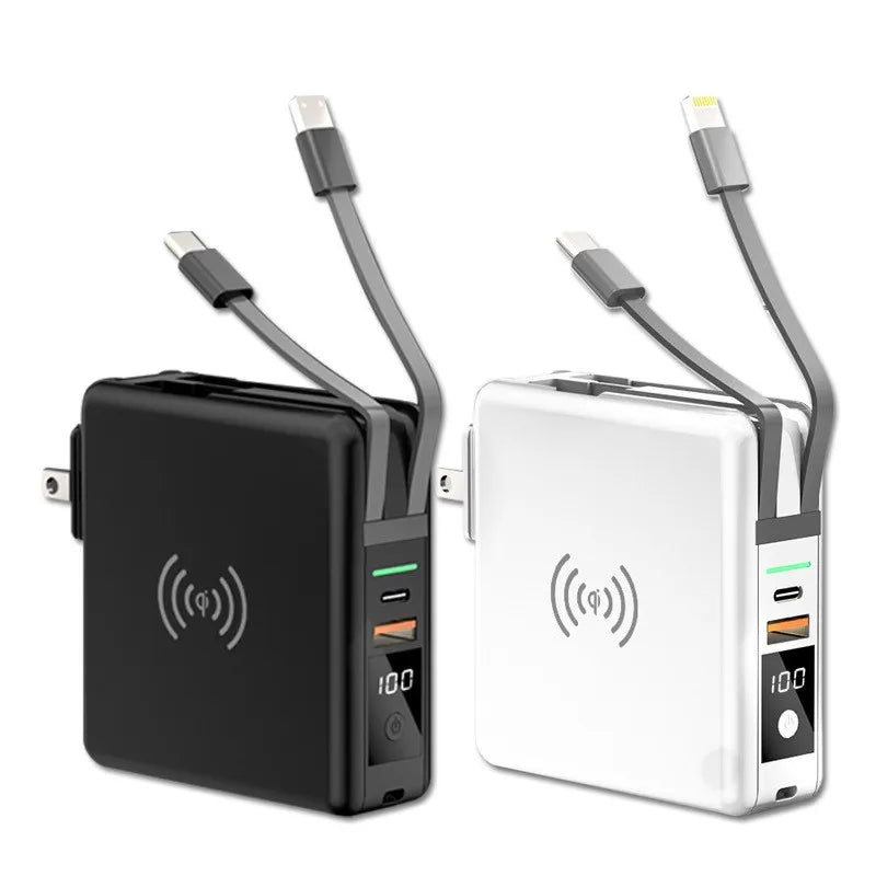 New KP-Super6 Travel  Wireless Charger Power Bank PD 10000mah CE ROHS FCC USB C AC Plug 8000mah Portable Charger Built-in Cable