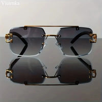 New -Bridge Rimless Square Sunglasses, Featuring Trendy Leopard Print and Wood Grain Design for Men and Women, Perfect for