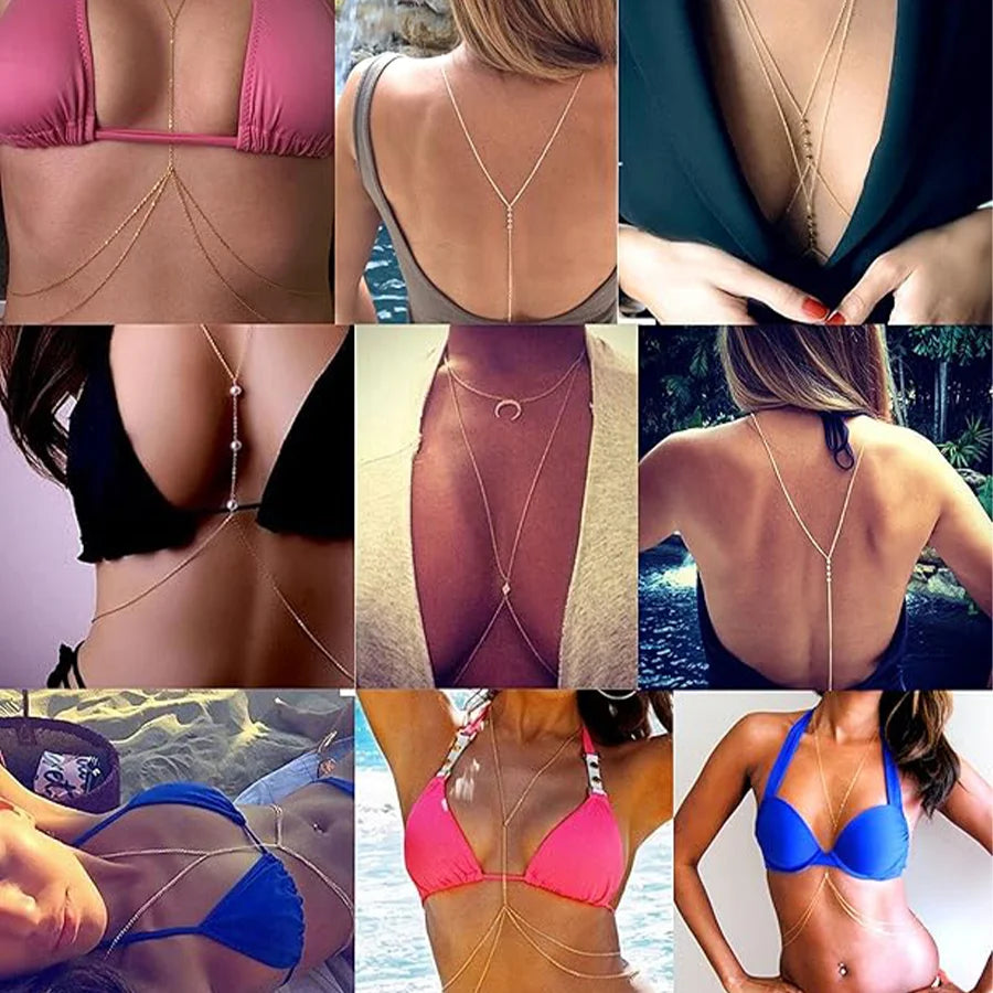 8Pcs Sexy Body Chain Belly Waist Chain Necklace Summer Beach Bikini Bra Body Jewelry for Women Gold Tone
