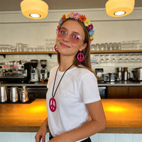 PESENAR  60s Hippie Costume Accessory Set with Flower Headband, Pink Sunglasses and Peace Sign Jewelry