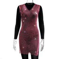 2022 Fishnet Dress V-neck Rose Red Rhinestone Bikini Bling Diamond Party Women Dresses