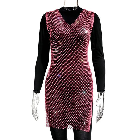 2022 Fishnet Dress V-neck Rose Red Rhinestone Bikini Bling Diamond Party Women Dresses