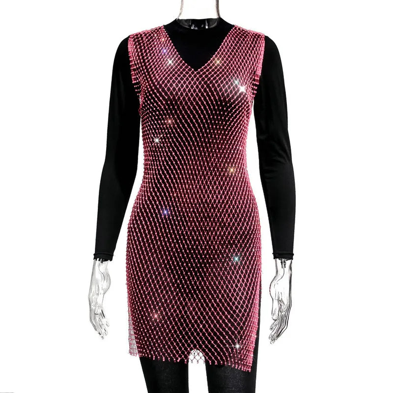 2022 Fishnet Dress V-neck Rose Red Rhinestone Bikini Bling Diamond Party Women Dresses
