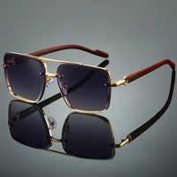 UV400 Unisex Square Men'S Sunglasses With Case -Unique Double Bridge Retro Wood Grain Luxury Style for Daily Wear Driving Travel