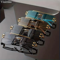 New -Bridge Rimless Square Sunglasses, Featuring Trendy Leopard Print and Wood Grain Design for Men and Women, Perfect for