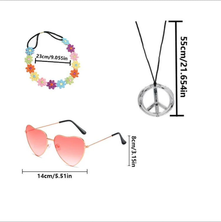 PESENAR  60s Hippie Costume Accessory Set with Flower Headband, Pink Heart Sunglasses and Peace Sign Necklace