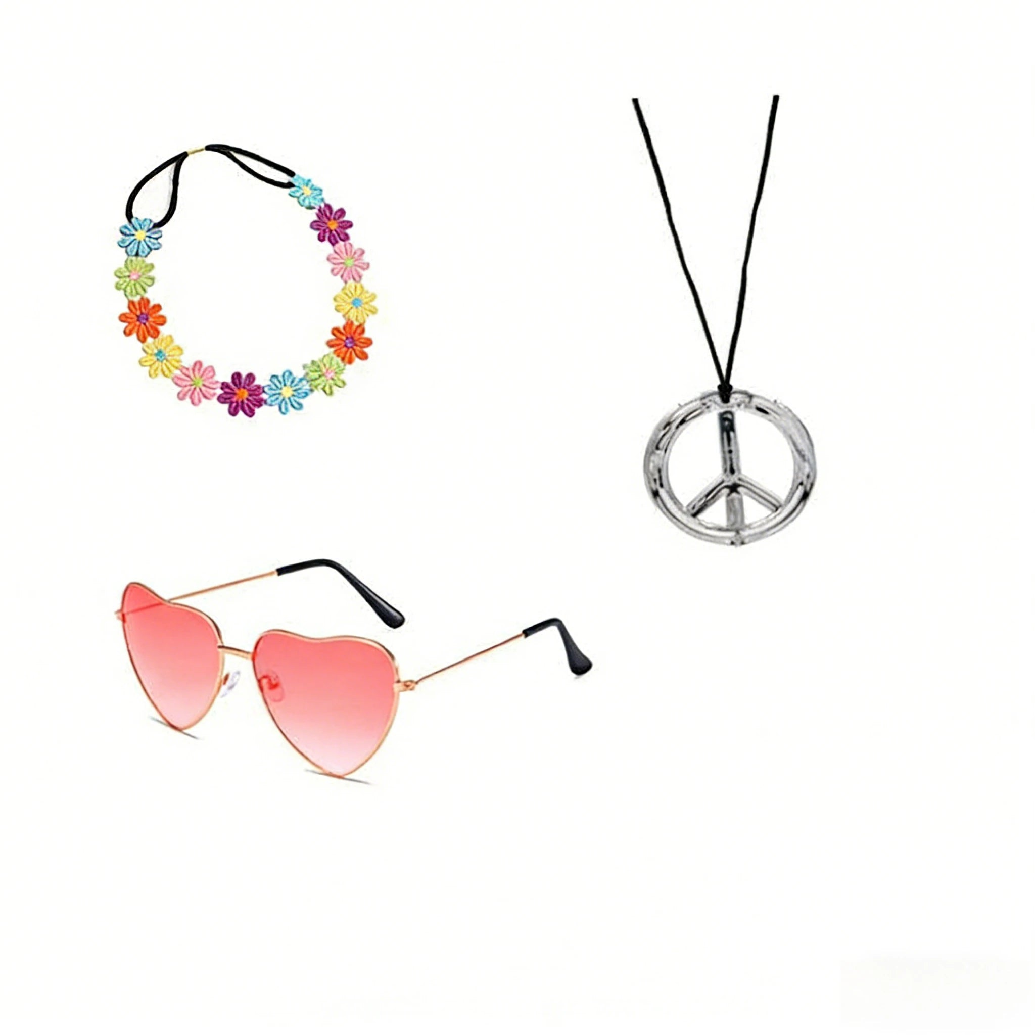 PESENAR  60s Hippie Costume Accessory Set with Flower Headband, Pink Heart Sunglasses and Peace Sign Necklace