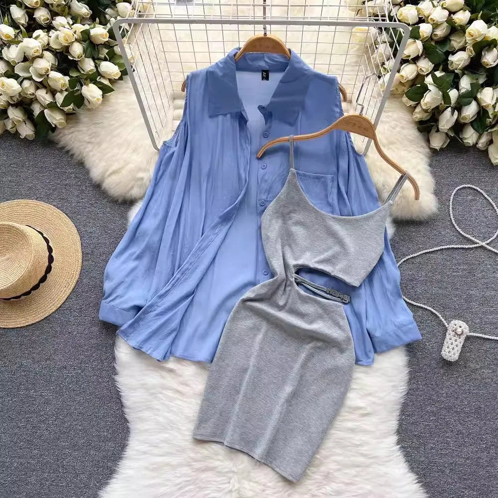 One Size Summer Dress Women's Shirt Design Sense Split Sunscreen Shirt Versatile Sexy Halter Dress Two-piece Set