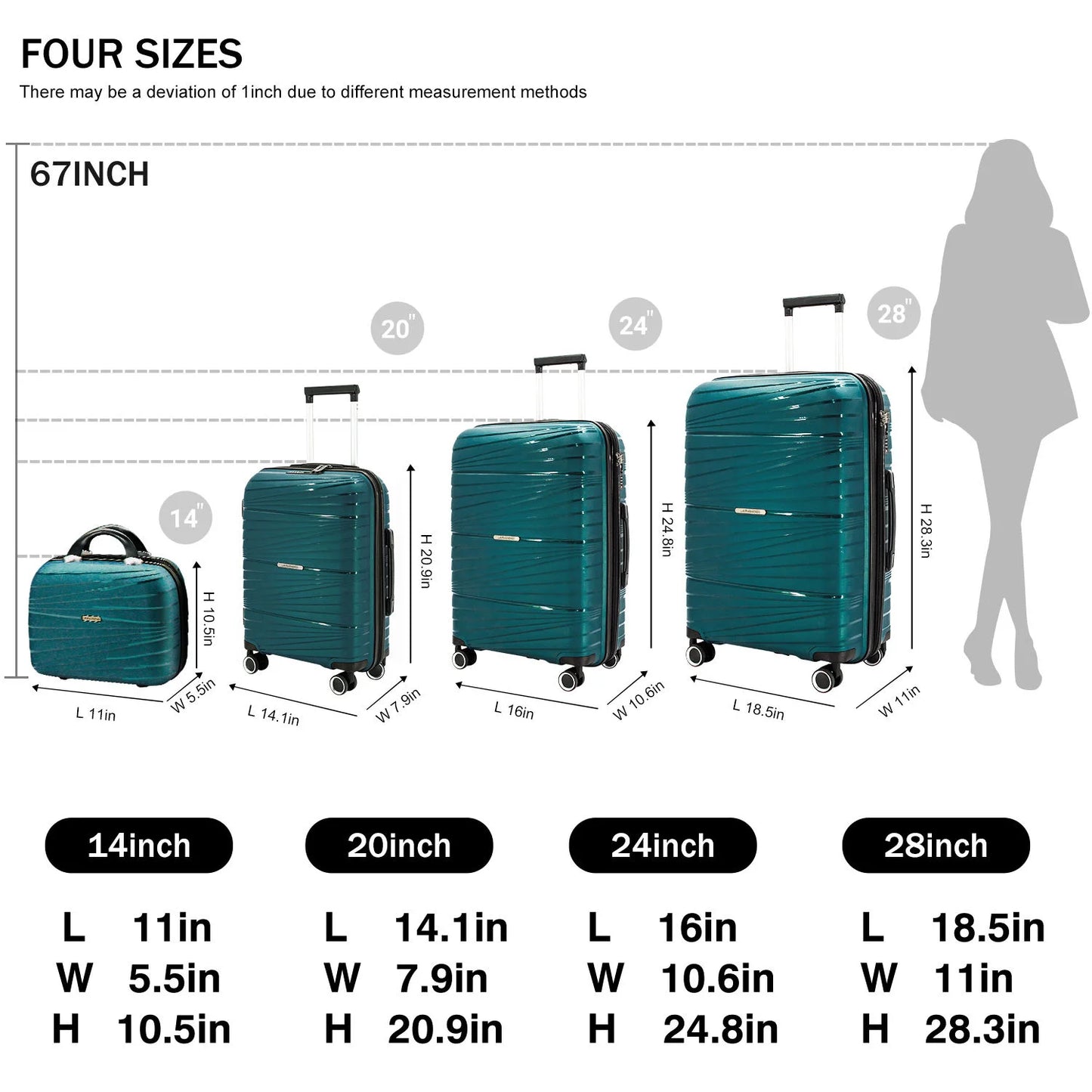Teal 4-Piece Luggage Set (12/20/24/28 Inch)  Hardside Suitcase Trolley with Spinner Wheels, Fashionable & Elegant Travel Luggage