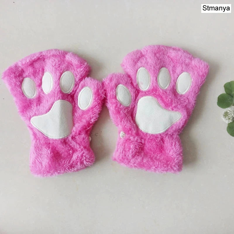 New Women Cute Cat Claw Paw Plush Mittens Warm Soft Plush Short Fingerless Fluffy Bear Cat Gloves Costume Half Finger Party Gift - MANDOTOS