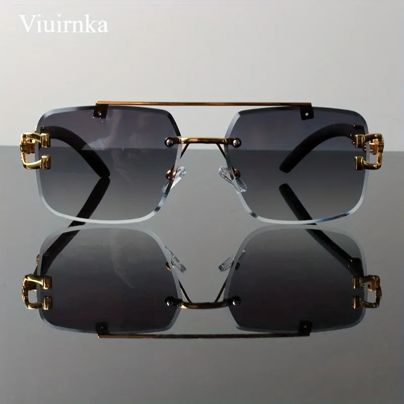 New -Bridge Rimless Square Sunglasses, Featuring Trendy Leopard Print and Wood Grain Design for Men and Women, Perfect for